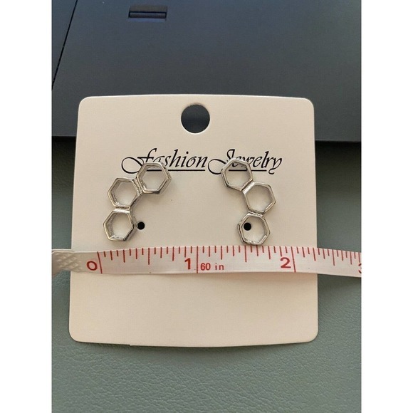 Geometric Hexagon Silver Tone Stud Earrings - Picture 9 of 9